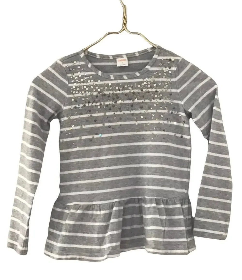 Gymboree Girls Gray Striped Ruffle Hem Blouse Sequin Cotton Size 7 Long Sleeve